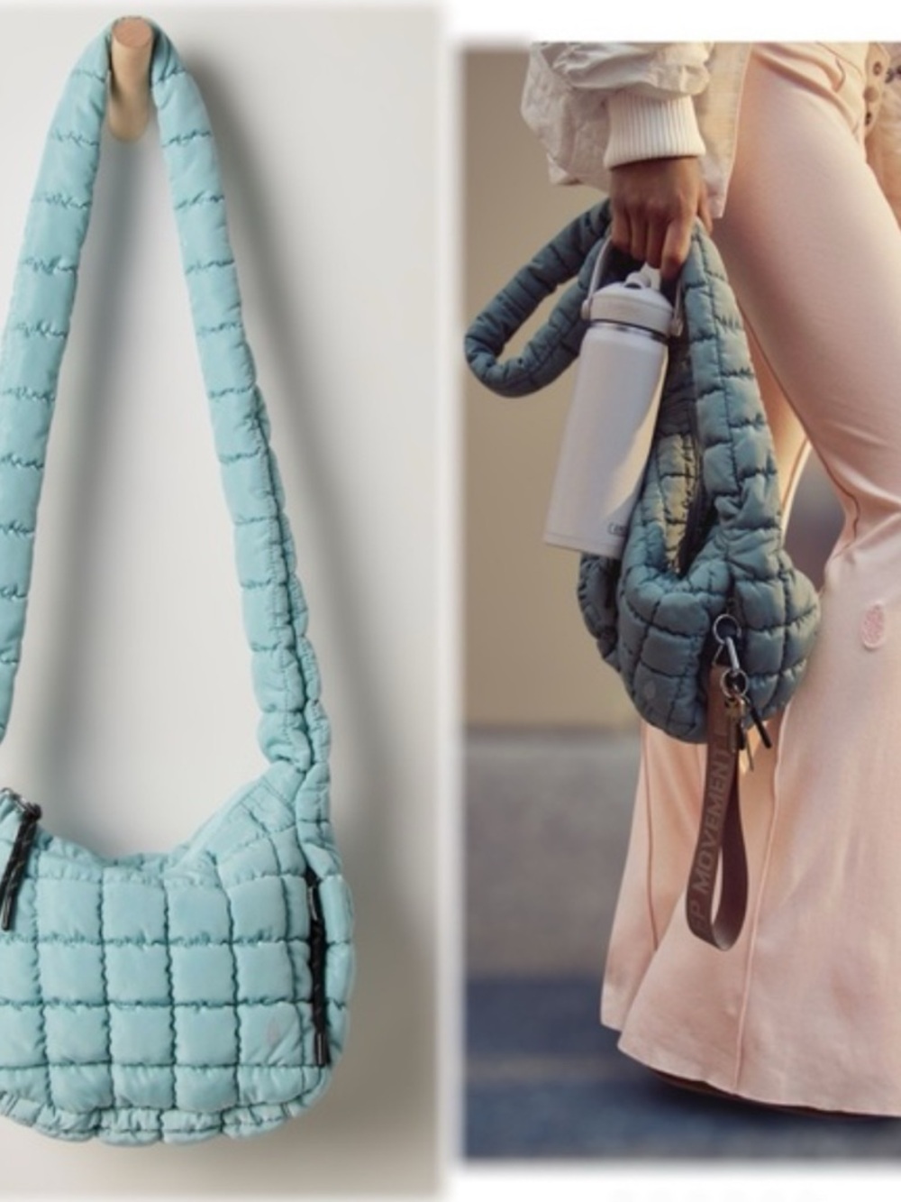 Free People Quilted Shoulder Bag — Light Teal Puffer Tote